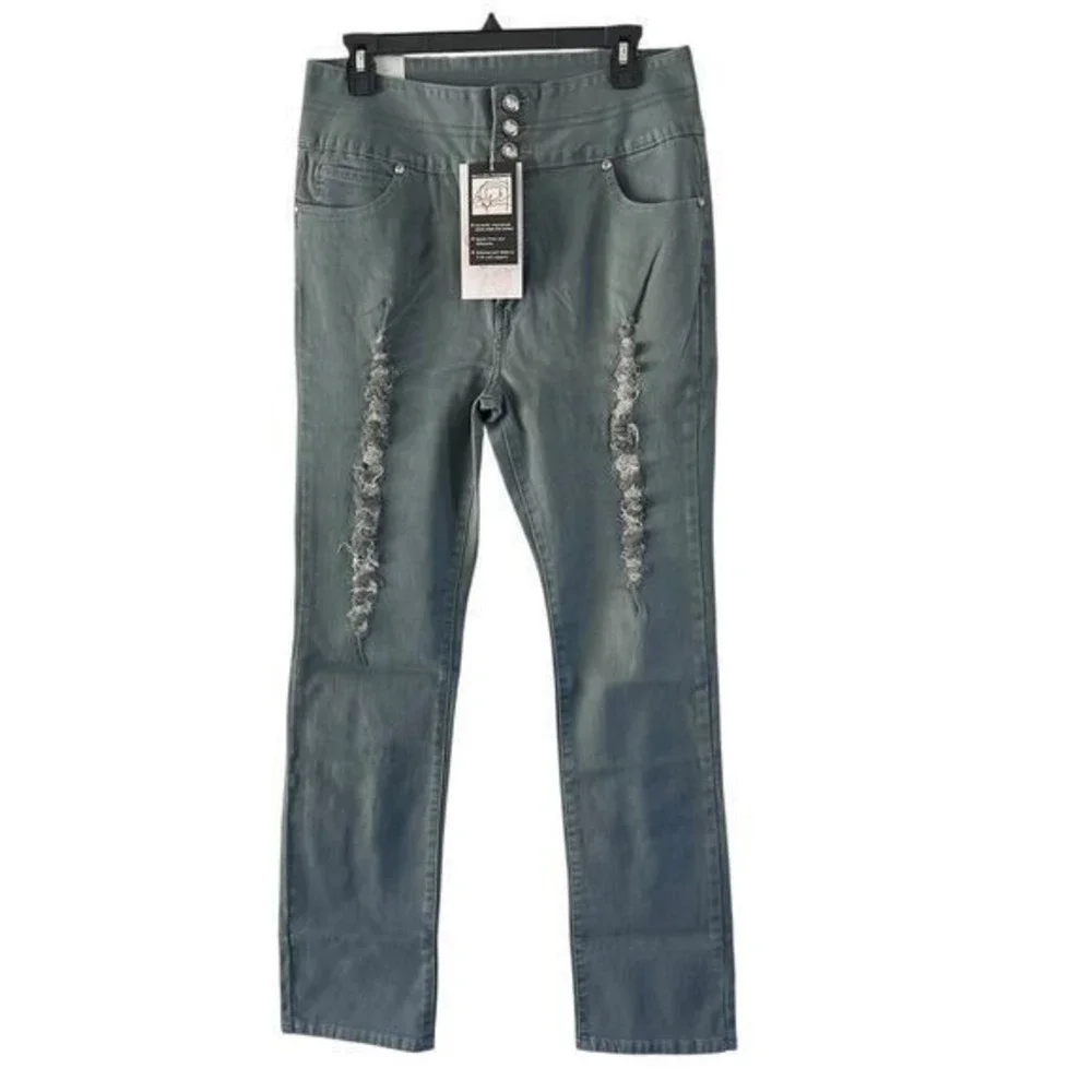 Danesi Jeans Distressed Gray Denim Pants Button Fly Straight Leg Women's Size 17